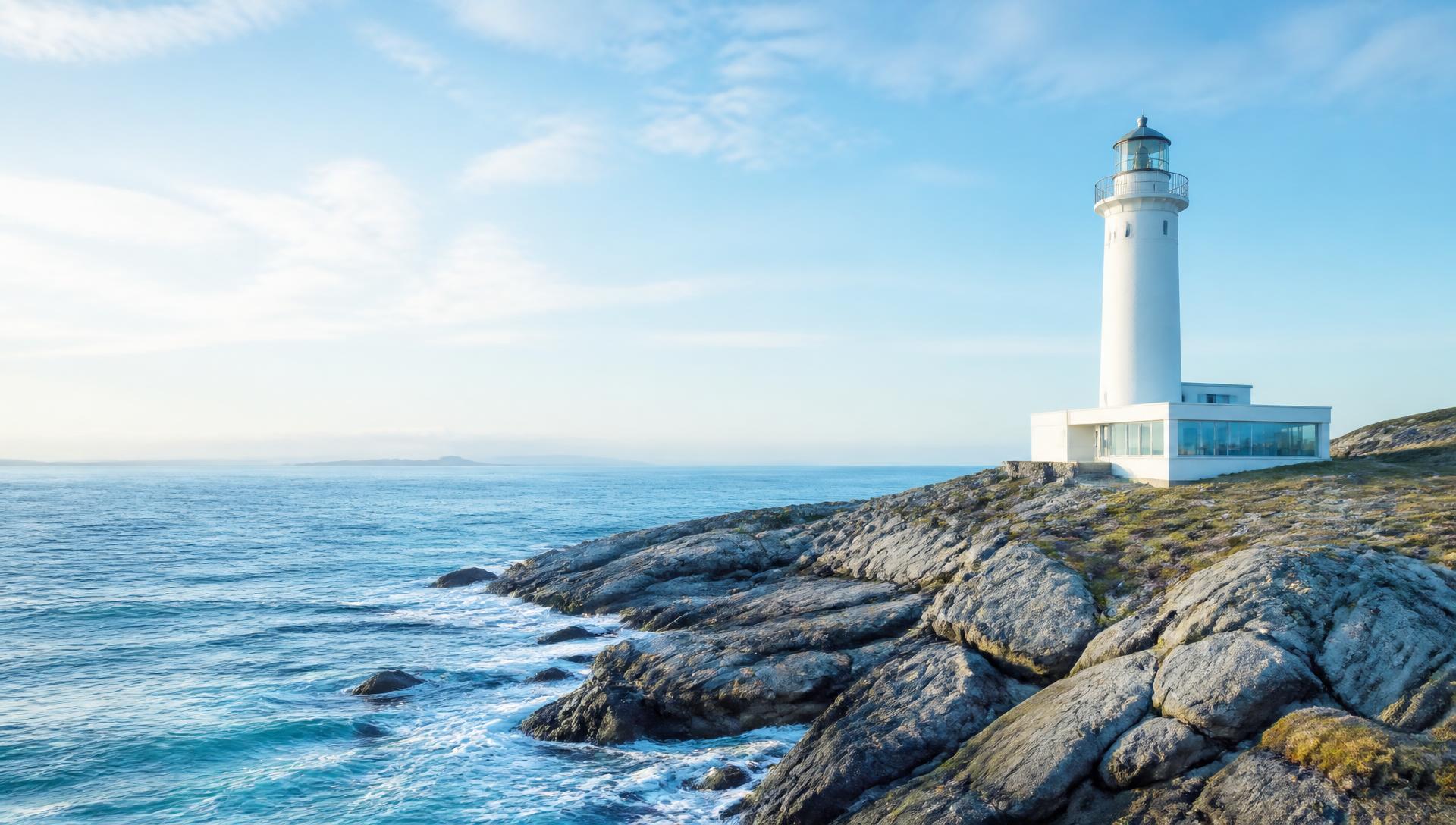 White lighthouse on a calm Atlantic coastline under a bright blue sky
